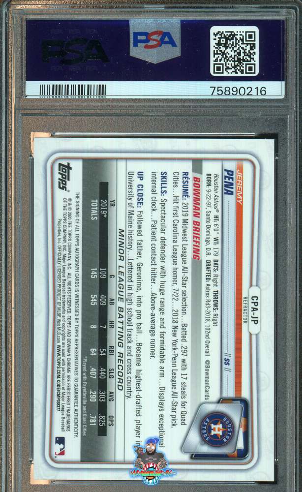 Back of 2020 Bowman Chrome Prospect Autograph Refractor Jeremy Pena #CPAJP /499