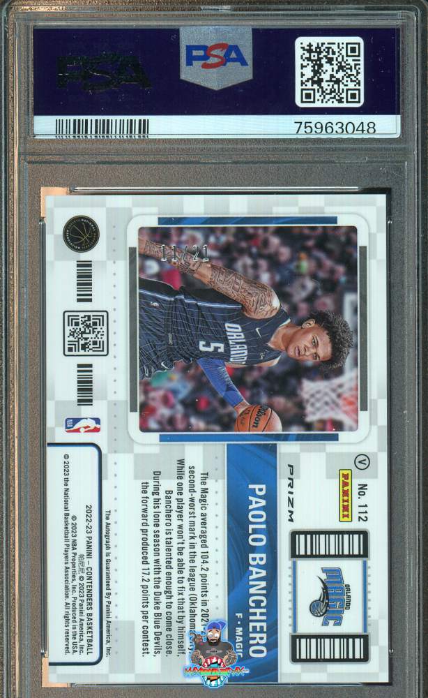 Back of 2022 Panini Contenders Photo Variation Autographs Premium Blue Shimmer Paolo Banchero #112 /21
