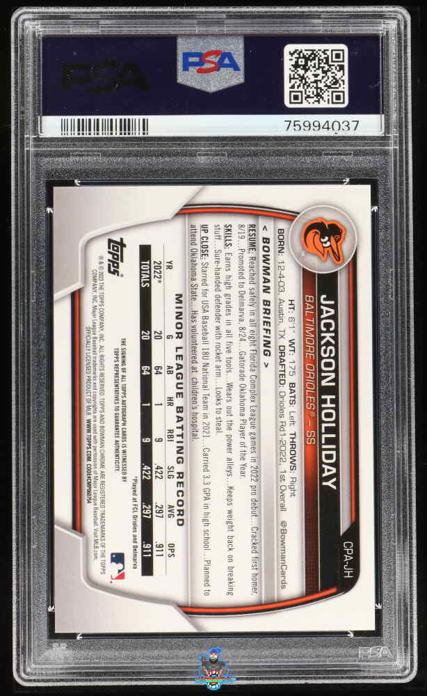 Back of 2023 Bowman Chrome Prospect Autograph Gold Refractor Jackson Holliday #CPAJH /50