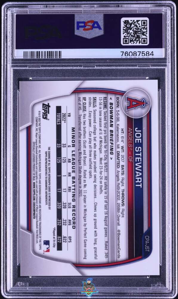 Back of 2023 Bowman Chrome Prospect Autograph Superfractor Joe Stewart #CPAJST /1