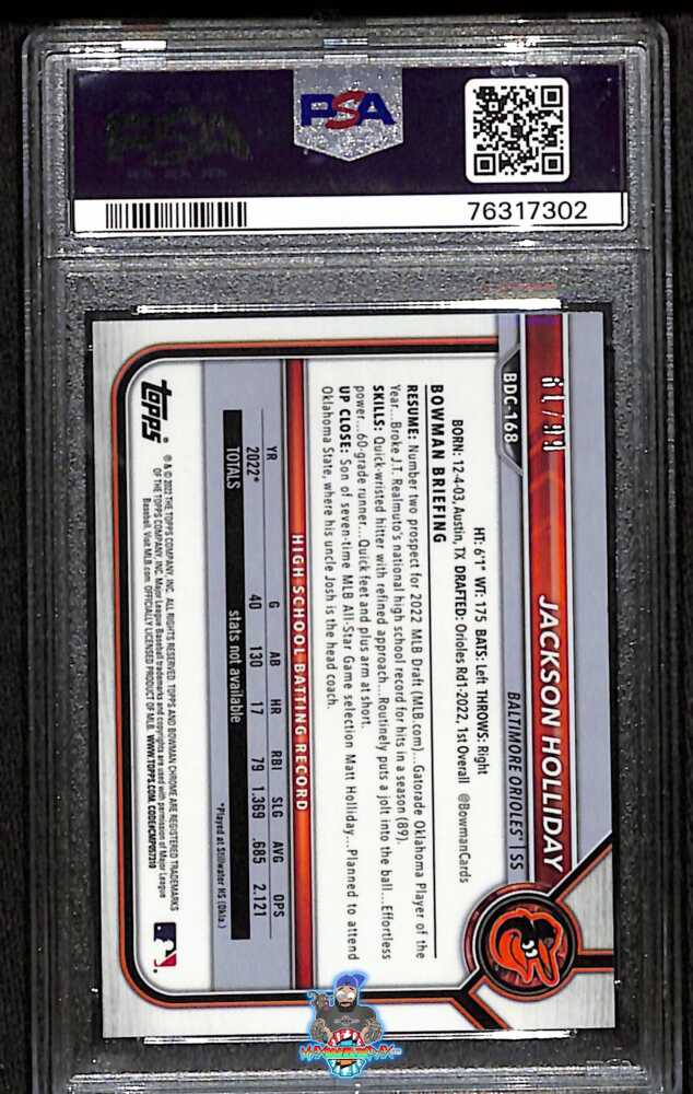 Back of 2022 Bowman Chrome Draft Green Refractor Jackson Holliday #BDC168 /99