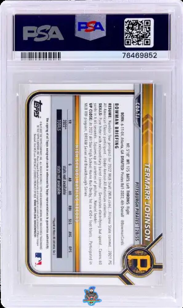 Back of 2022 Bowman Draft Chrome Autograph Orange Refractor Termarr Johnson #CDATJ /25