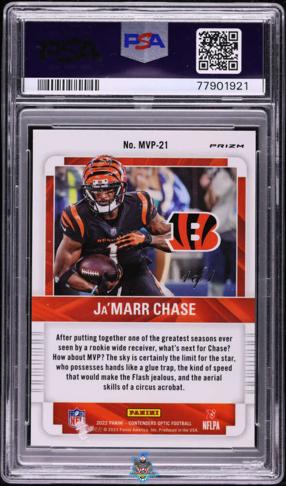 Back of 2022 Panini Contenders Optic MVP Contenders Gold Vinyl Ja'Marr Chase #21 /1