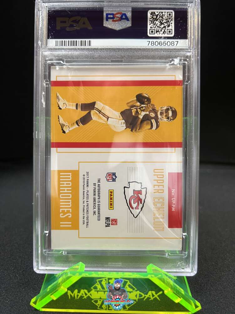 Back of 2017 Panini Plates and Patches Upper Echelon Autograph Blue Patrick Mahomes II #11 /10