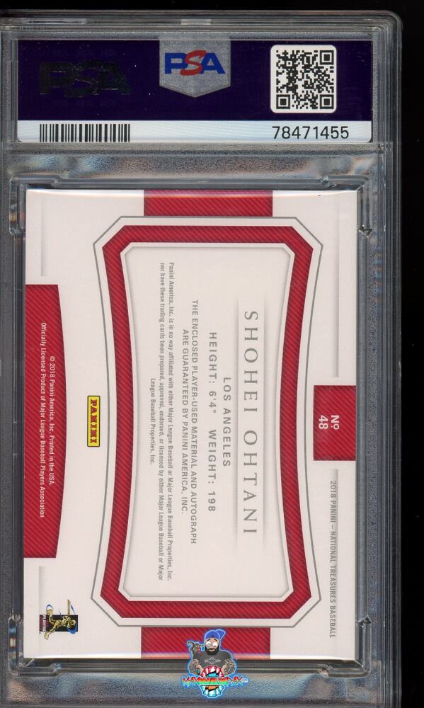 Back of 2018 National Treasures Rookie Patch Autograph Shohei Ohtani #48 /99