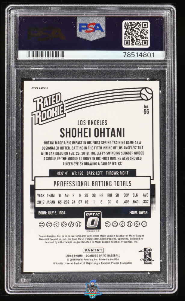 Back of 2018 Donruss Optic Rated Rookie Red Yellow Shohei Ohtani #56