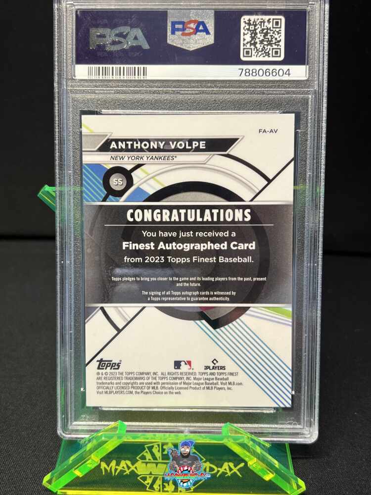 Back of 2023 Finest Autograph Superfractor Anthony Volpe #FAAV /1
