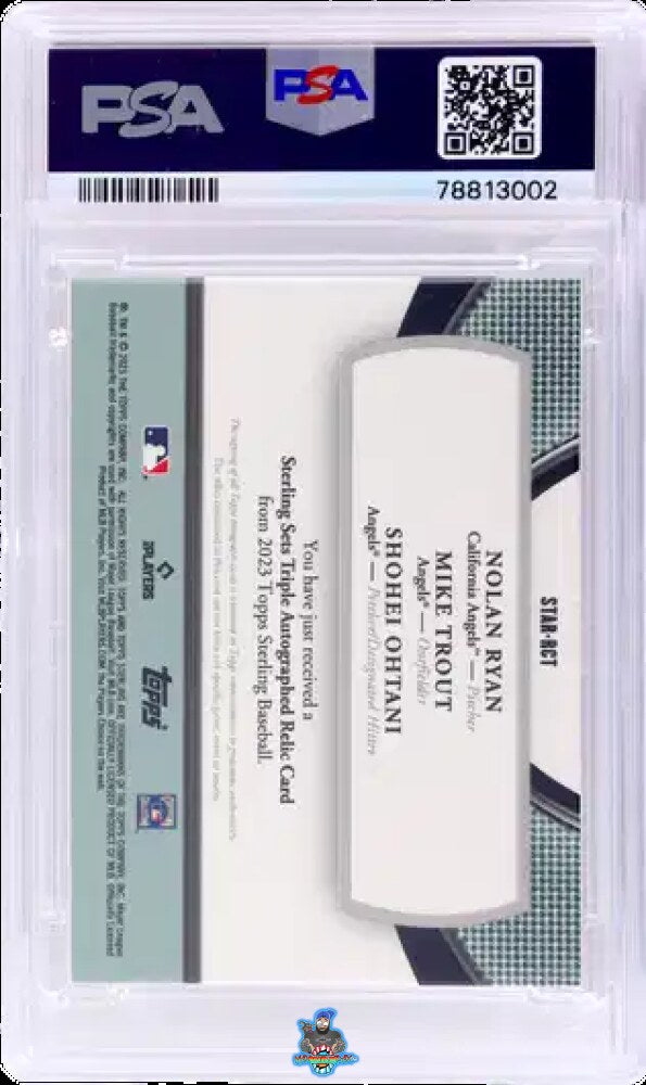Back of 2023 Topps Sterling Sterling Sets Triple Autographs Relics Red Shohei Ohtani #STARRCT /5