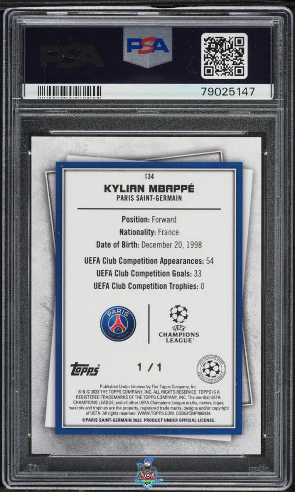 Back of 2022 Topps UEFA Superstars Sheer Perfection Superfractor Kylian Mbappe #134 /1