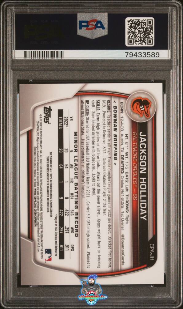 Back of 2023 Bowman Chrome Prospect Autograph Atomic Refractor Jackson Holliday #CPAJH /100