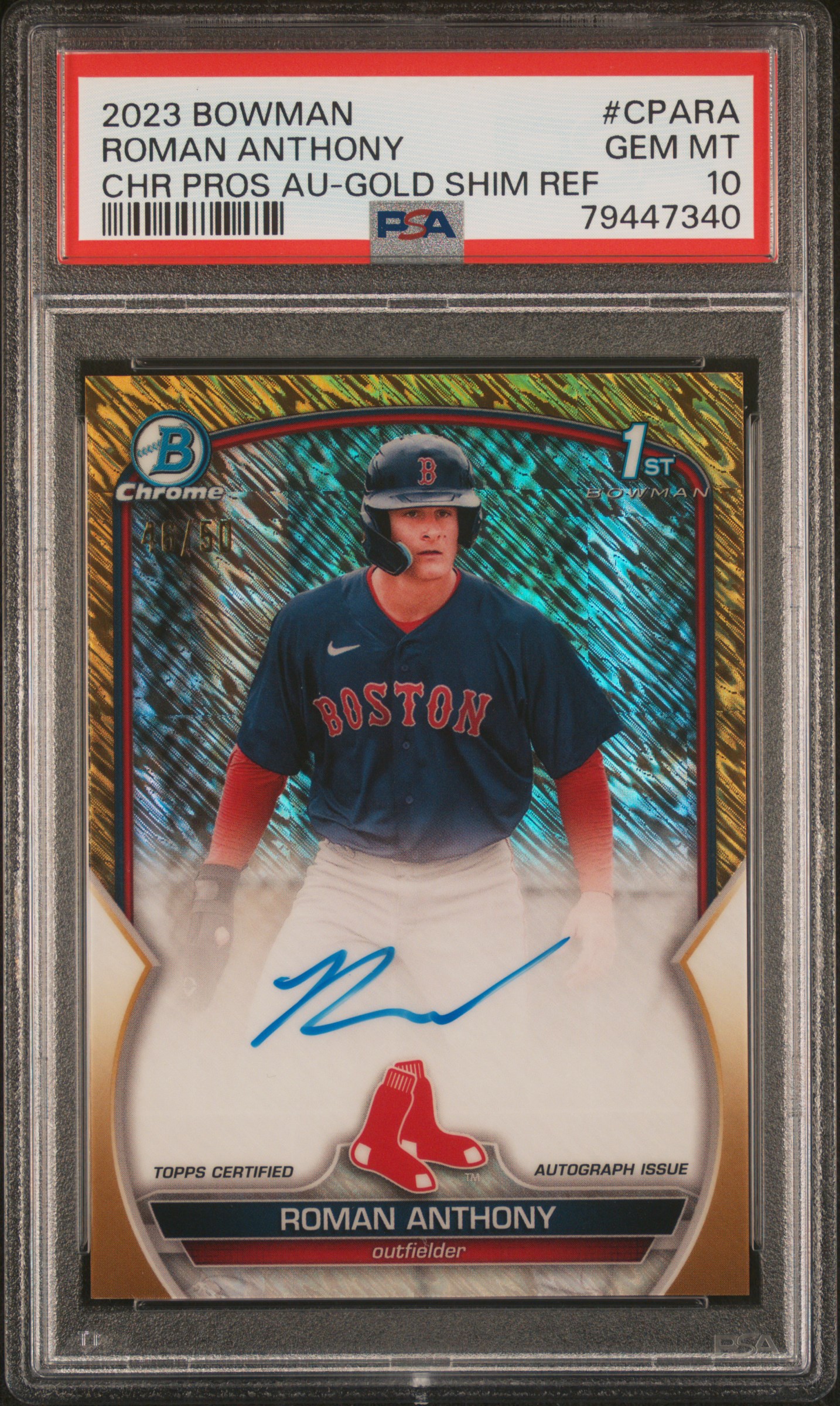 2023 Bowman Chrome Prospect Autograph Gold Shimmer Refractor Roman Anthony #CPARA /50