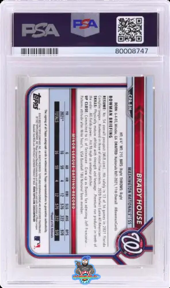 Back of 2022 Bowman Chrome Prospect Autograph Orange Shimmer Refractor Brady House #CPABH /25