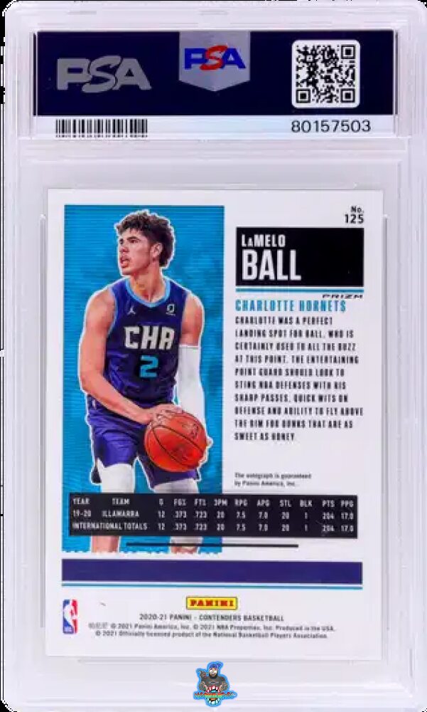 Back of 2020 Panini Contenders Rookie Ticket Autograph Premium Edition Green Shimmer Lamelo Ball #125