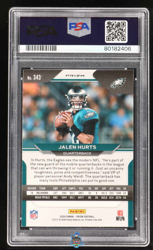 Back of 2020 Panini Prizm Black and White Variation No Huddle Prizm Jalen Hurts #12