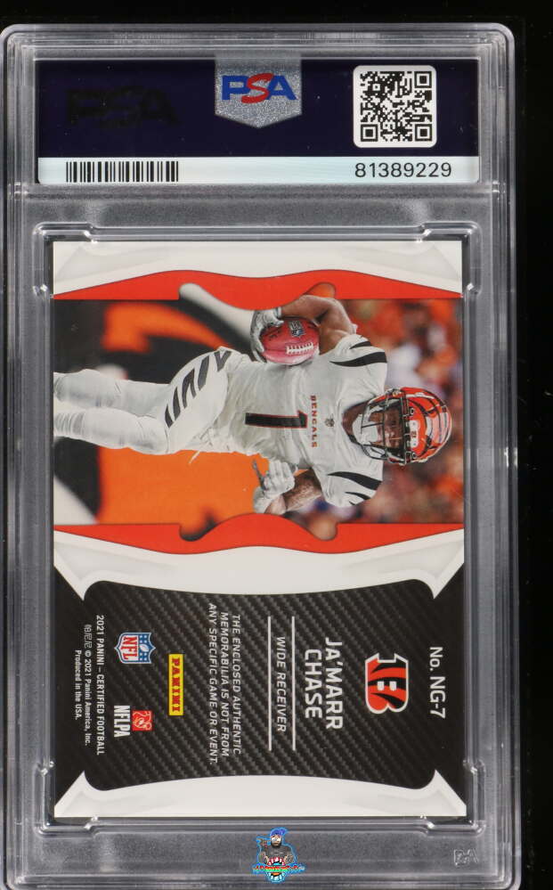 Back of 2021 Panini Certified New Generation Jersey Mirror Gold Fotl Ja'Marr Chase #7 /10
