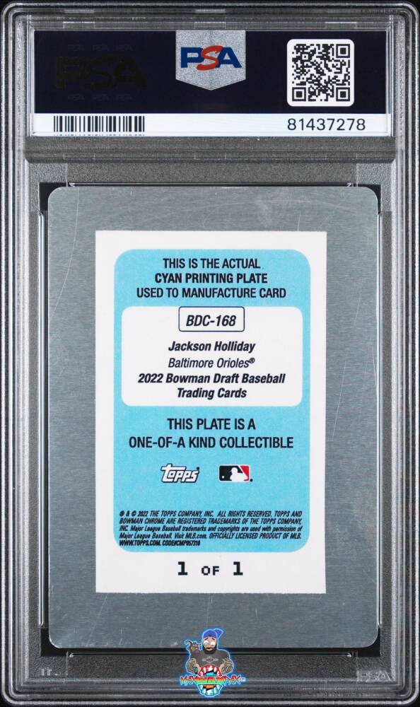 Back of 2022 Bowman Draft Chrome Printing Plate Cyan Jackson Holliday #BDC168 /1