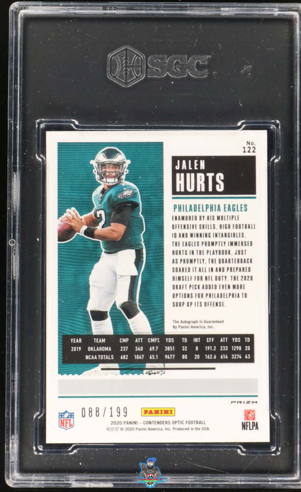 Back of 2020 Panini Contenders Optic Auto. Red Prizm Jalen Hurts #122