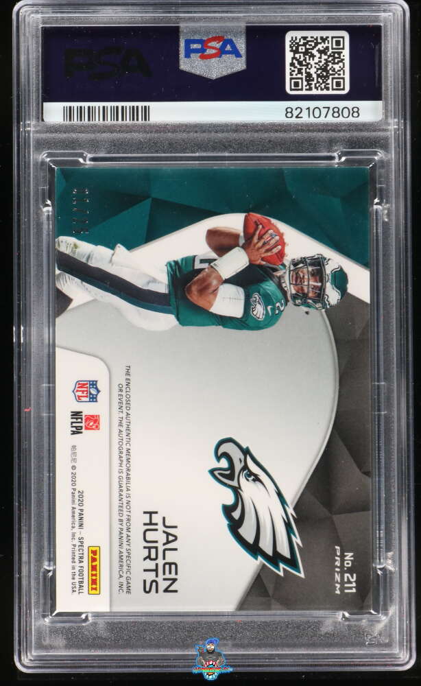 Back of 2020 Panini Spectra Patch Autograph Wave Jalen Hurts #211 /25