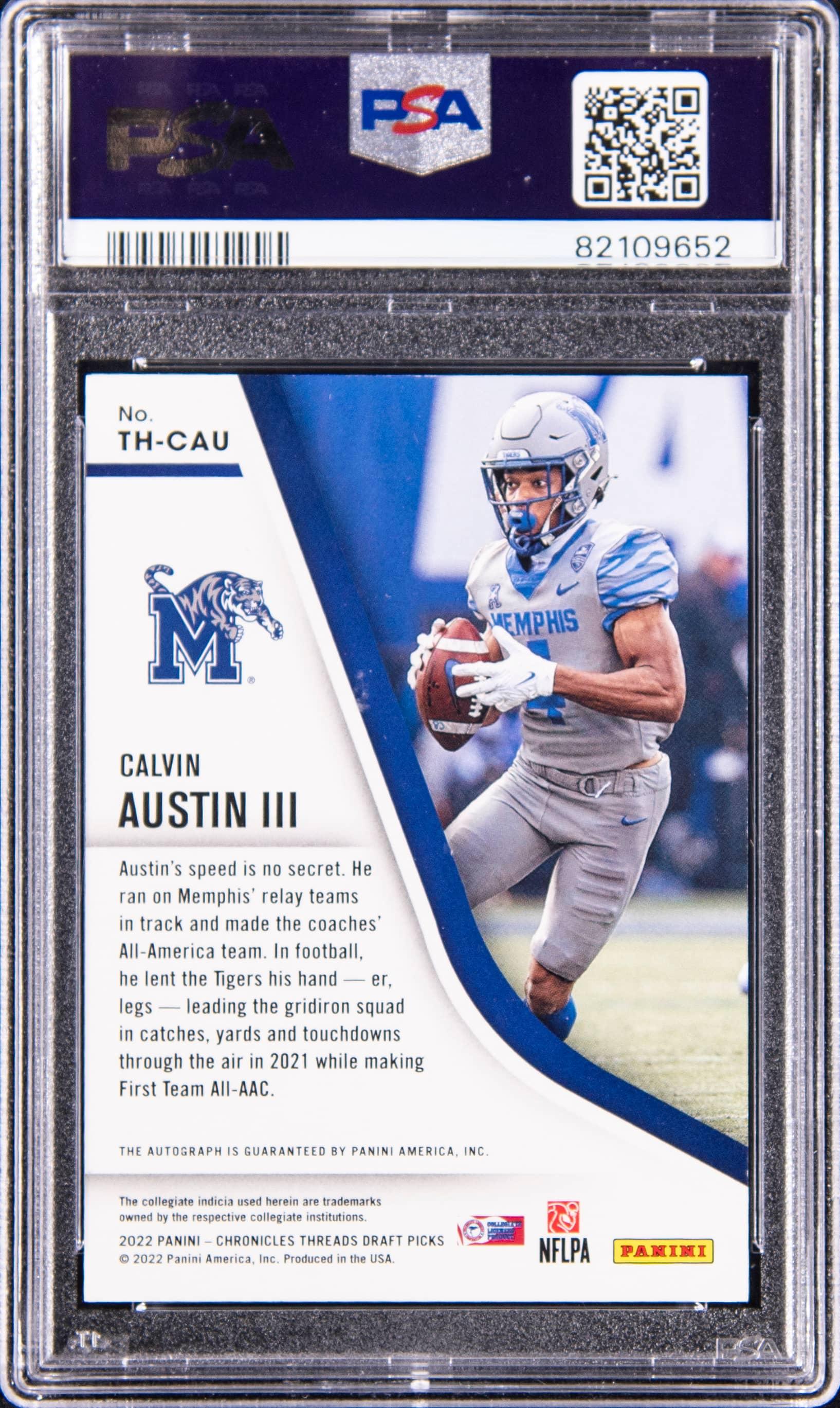 Back of 2022 Panini Chronicles Draft Picks Threads Rookie Signatures Calvin Austin III #CAU