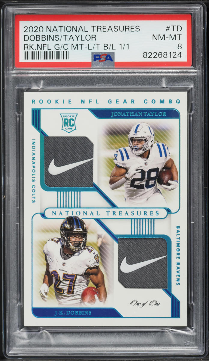 2020 Panini National Treasures Rookie NFL Gear Combo Materials Laundry Tag Brand Logo 1/1 J.K. Dobbins/Jonathan Taylor #TD