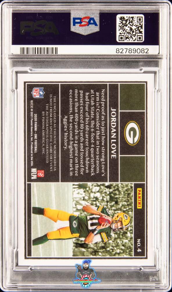 Back of 2020 Panini One Patch Autograph Blue Jordan Love #4 /75