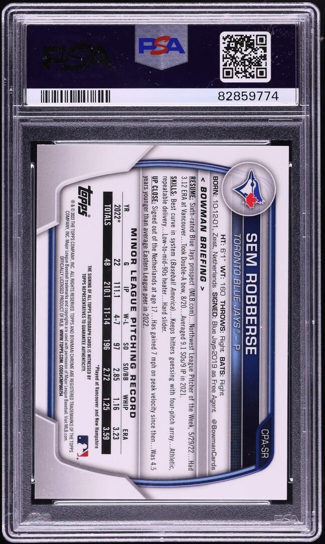 Back of 2023 Bowman Chrome Prospect Autograph Superfractor Sem Robberse #CPASR /1