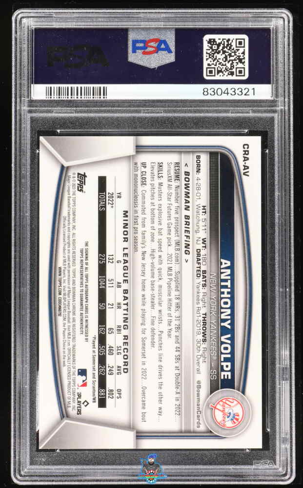 Back of 2023 Bowman Chrome Rookie Autograph Gold Refractor Anthony Volpe #CRA-AV /50