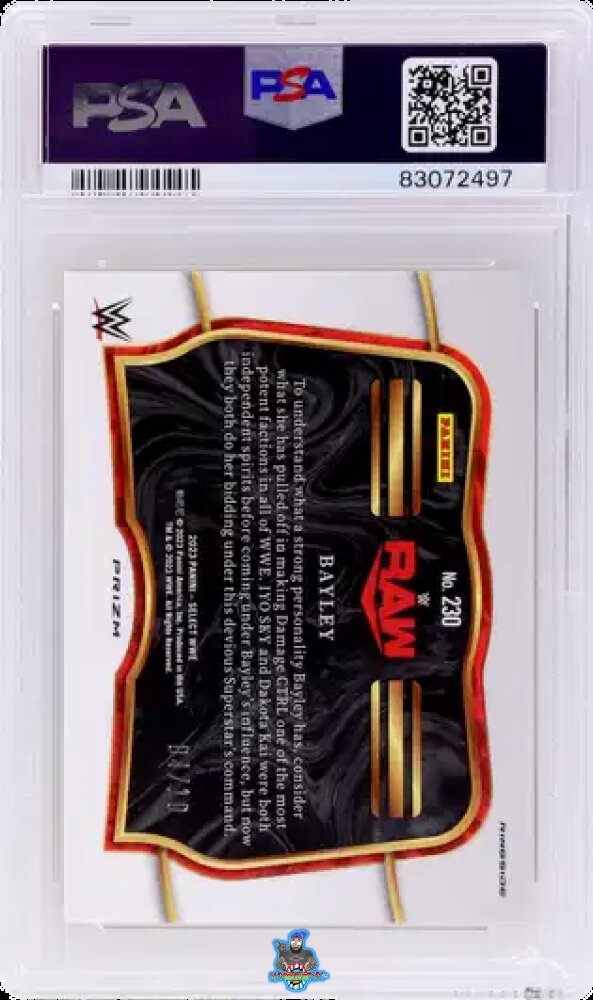 Back of 2023 Panini Select WWE Ringside Gold Bayley #230 /10