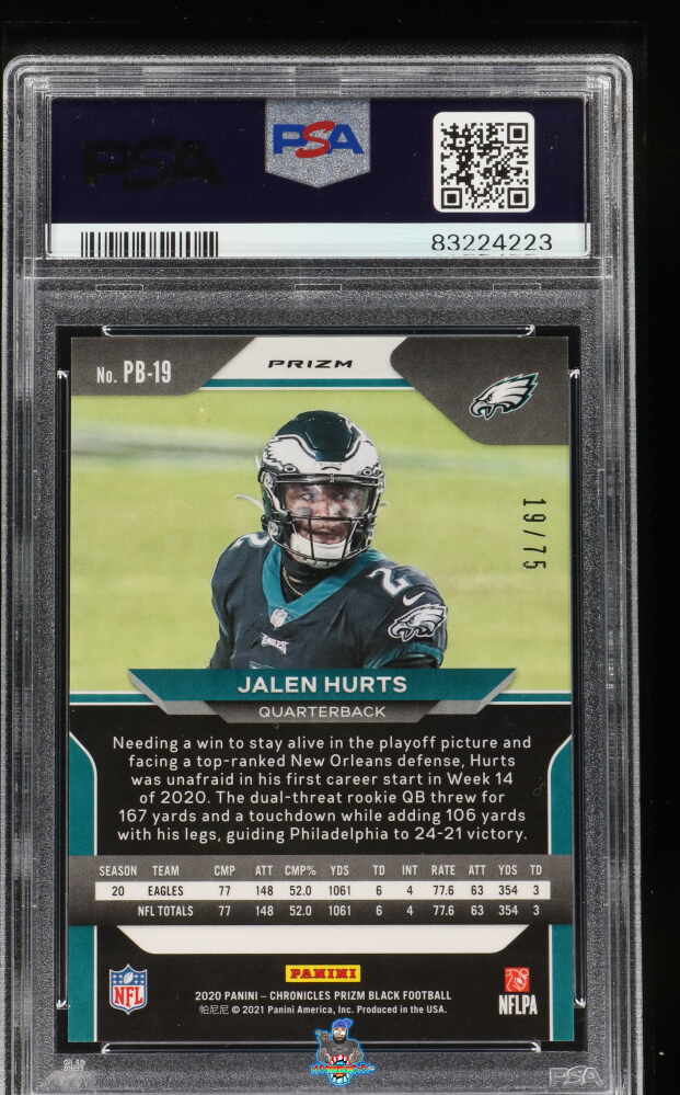 Back of 2020 Panini Chronicles Prizm Black Orange Jalen Hurts #19 /75