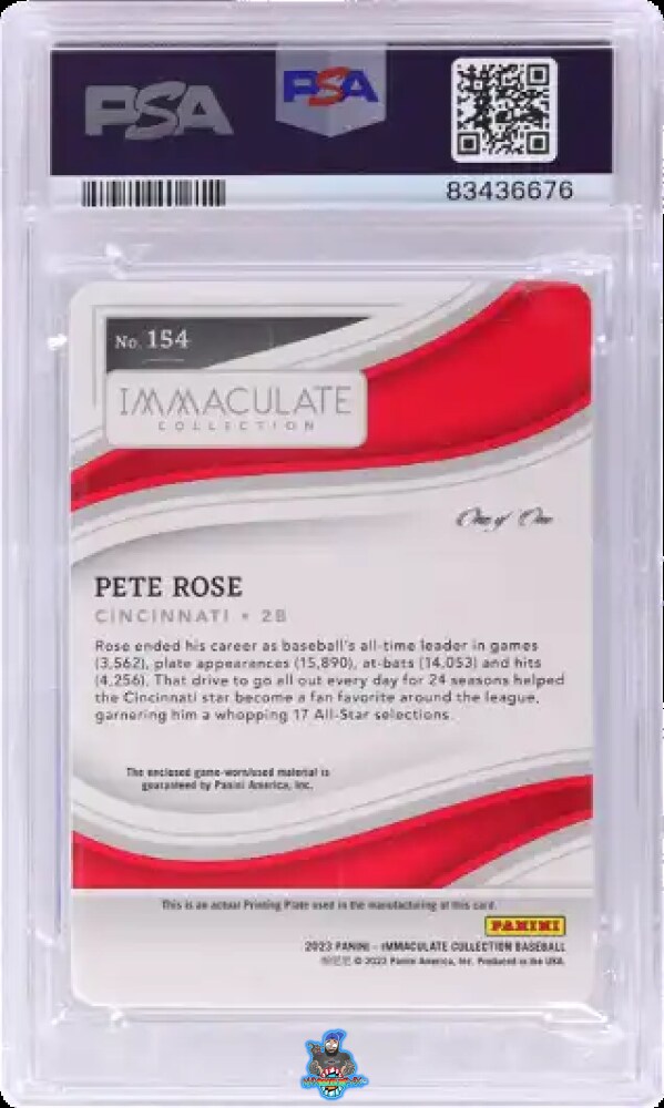 Back of 2023 Immaculate Collection Relic Printing Plates Black Pete Rose #154 /1
