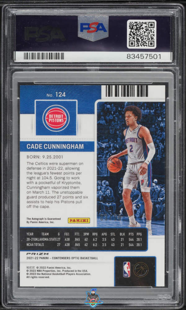 Back of 2021 Panini Contenders Optic Rookie Ticket Autograph Gold Cade Cunningham #124 /10
