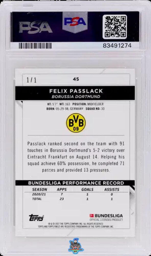 Back of 2021 Finest Bundesliga Superfractor Felix Passlack #45 /1