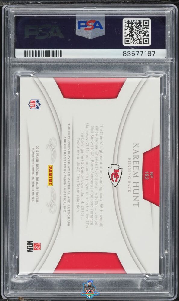 Back of 2017 National Treasures Patch Autograph Black Kareem Hunt #182 /5