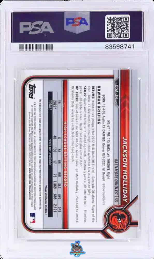 Back of 2022 Bowman Draft Chrome Autograph Black Refractor Jackson Holliday #CDAJH /75