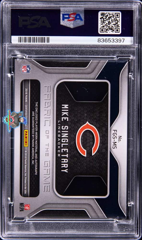 Back of 2018 Panini Certified Fabric of the Game Material Signature Mike Singletary #11 /10
