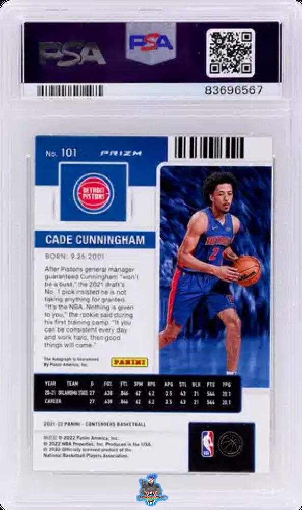 Back of 2021 Panini Contenders Rookie Ticket Autograph Premium Green Shimmer Cade Cunningham #101