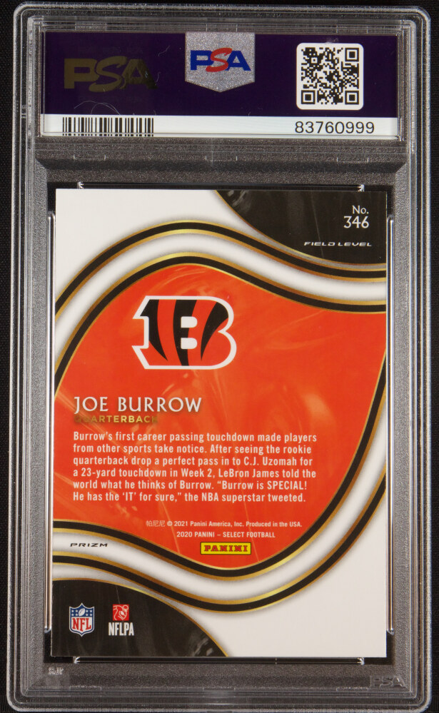 Back of 2020 Panini Select Field Level Silver Prizm Joe Burrow #346