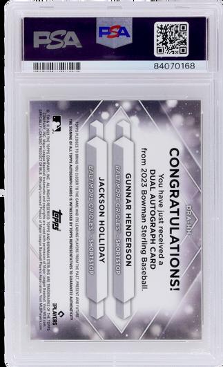 Back of 2023 Bowman Sterling Gunnar Henderson/Jackson Holliday Dual Autograph Canary Diamond Refractor