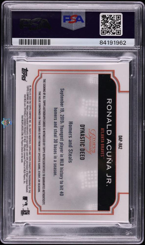 Back of 2020 Topps Dynasty Autograph Patch Ronald Acuna Jr. #DAPRA2 /10
