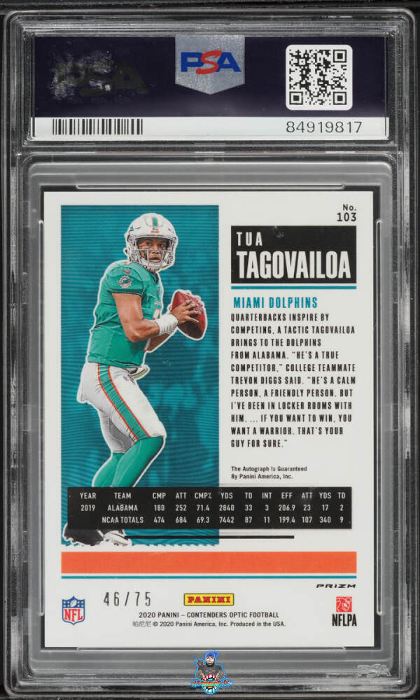 Back of 2020 Panini Contenders Optic Rookie Ticket Autograph Blue Tua Tagovailoa #103 /75