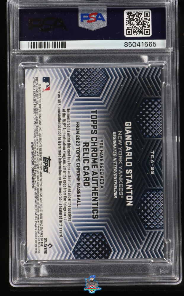 Back of 2023 Topps Chrome Authentics Relics Red Refractor Giancarlo Stanton #TCAGS /5