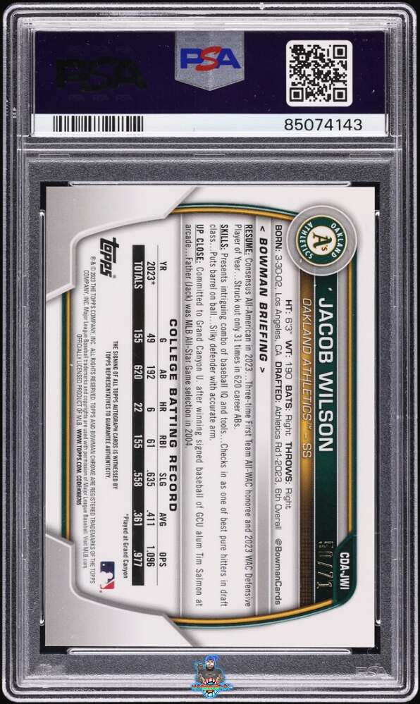 Back of 2023 Bowman Draft Chrome Autograph Sparkle Refractor Jacob Wilson #CDAJWI /71