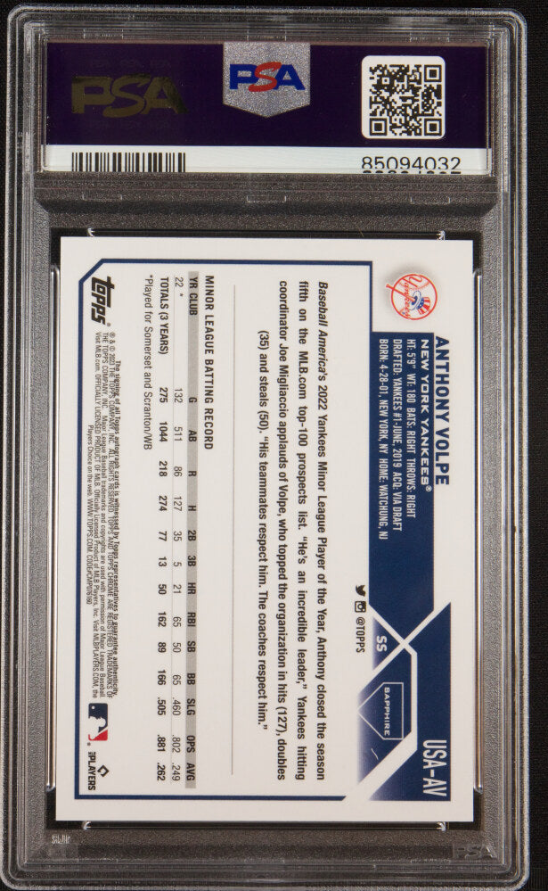 Back of 2023 Topps Chrome Update Sapphire Autograph Anthony Volpe #USAAV /199