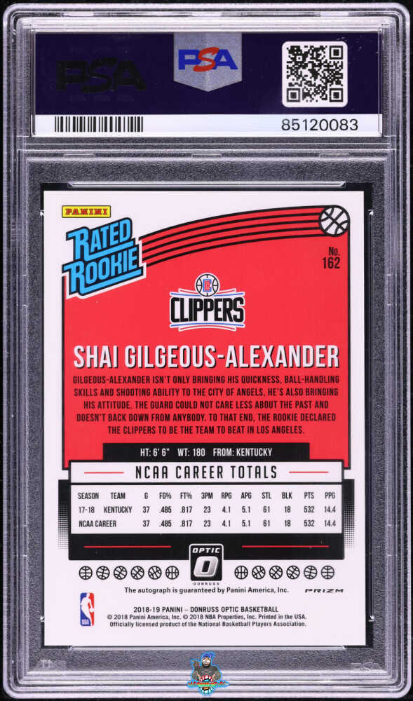 Back of 2018 Donruss Optic Rated Rookie Autograph Holo Shai Gilgeous-Alexander #162
