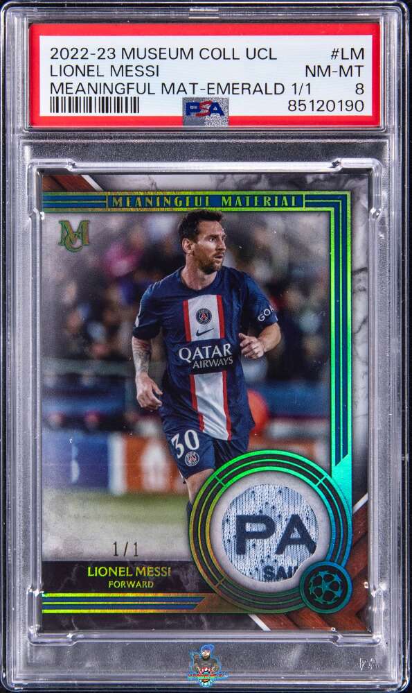 2022 Topps Museum Collection UEFA Champions League Meaningful Material Relic Emerald Lionel Messi #MMRLM /1