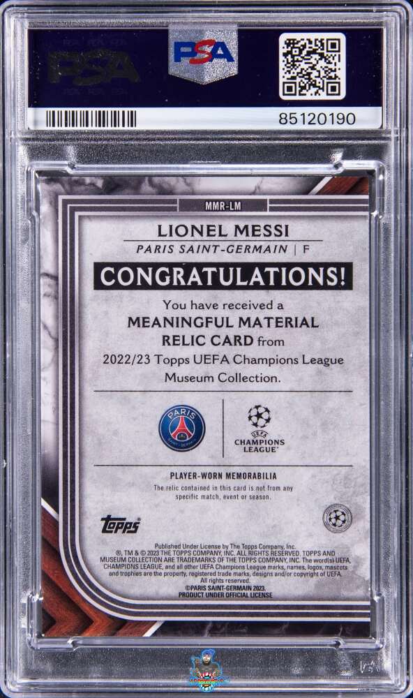 Back of 2022 Topps Museum Collection UEFA Champions League Meaningful Material Relic Emerald Lionel Messi #MMRLM /1