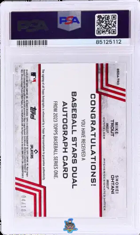 Back of 2023 Topps Baseball Stars Dual Autographs Shohei Ohtani/Mike Trout #BSDATRO /10
