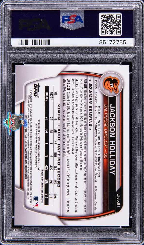 Back of 2023 Bowman Chrome Prospect Autograph Jackson Holliday #CPAJH