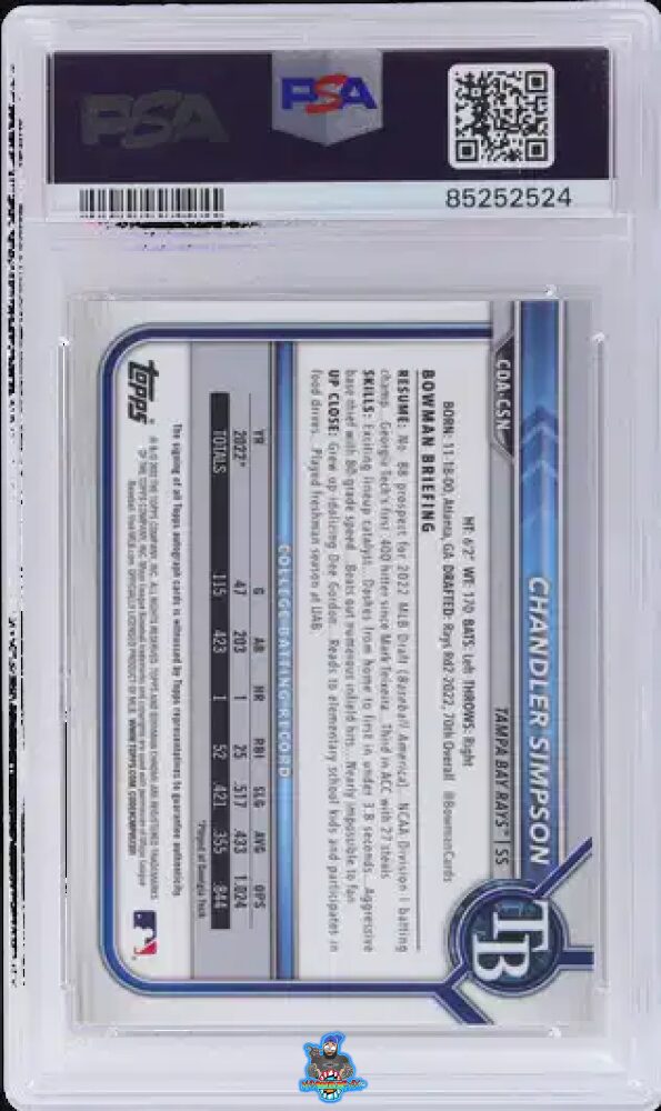 Back of 2022 Bowman Draft Chrome Autograph Gold Refractor Chandler Simpson #CDACSN /50