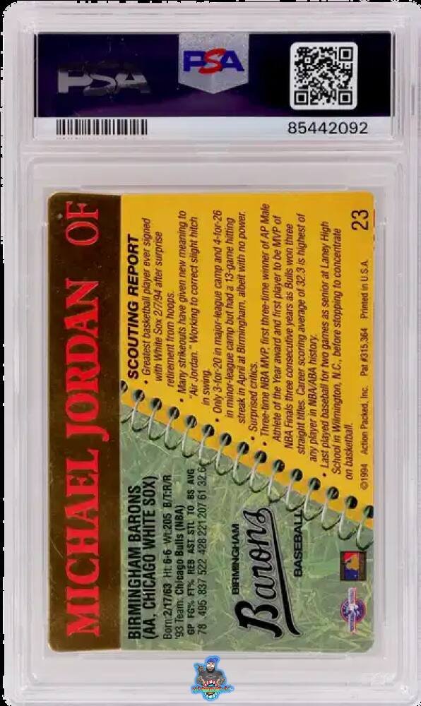 Back of 1994 Action Packed Scouting Report Michael Jordan #23